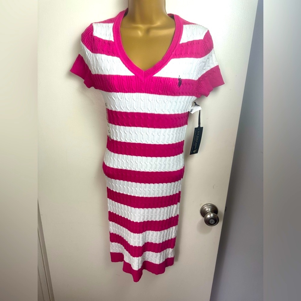 U.S. Polo Assn Pink & Ehite Striped Deep VNeck Textured Y2K Inspired Dress NWT M